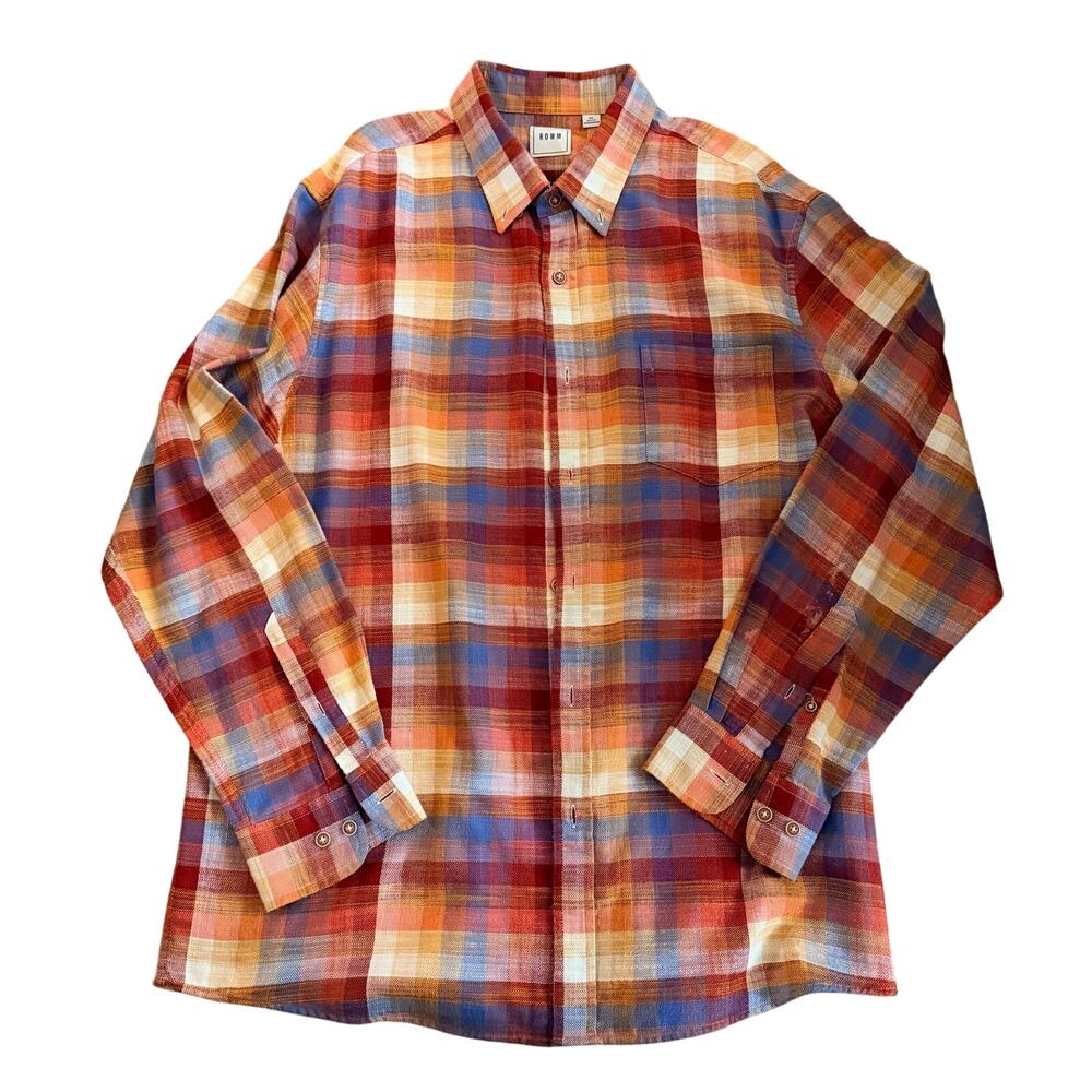 ROWM Men's Long Sleeve Plaid Shirt Cotton Orange Blue Size XL
